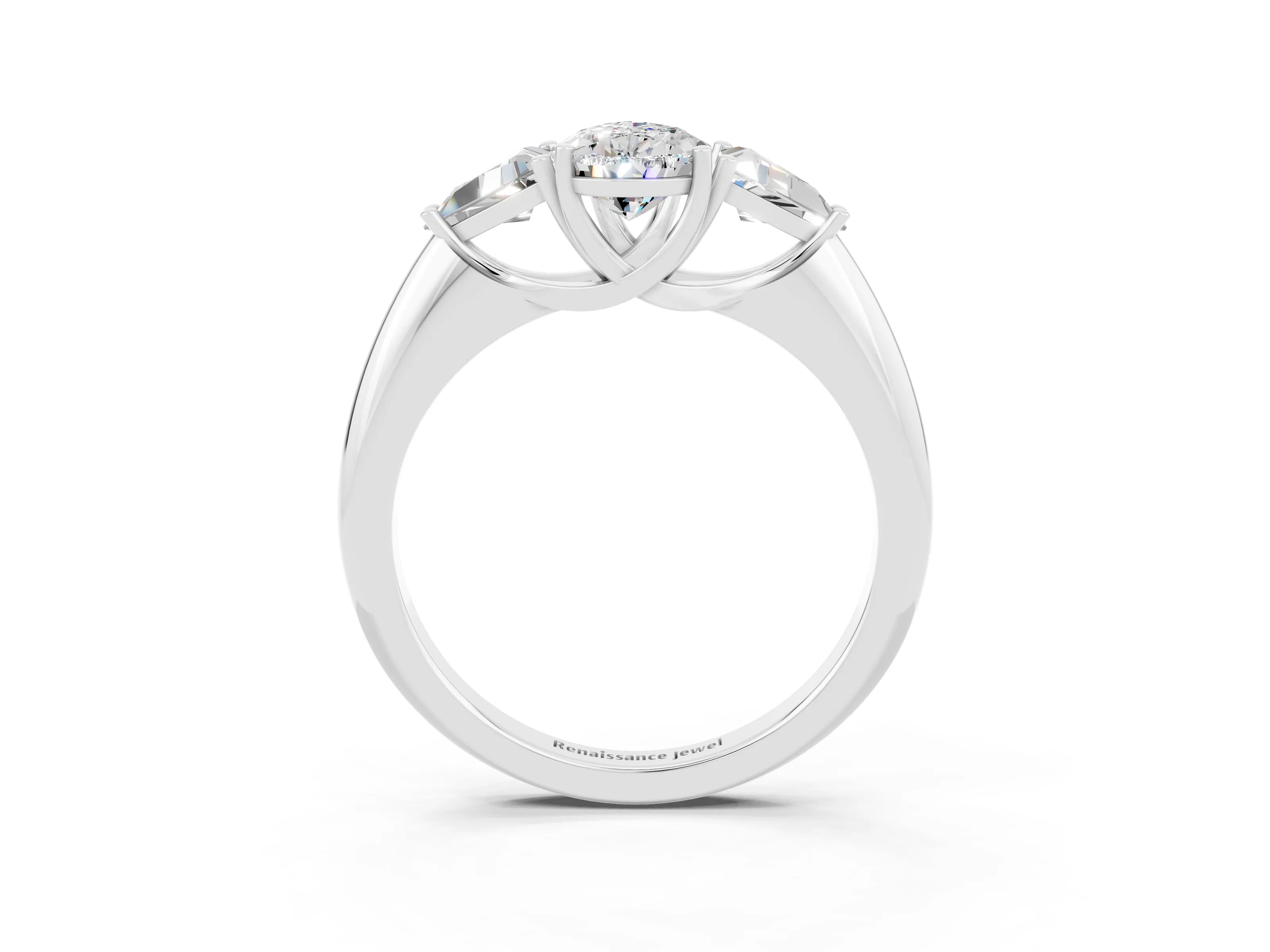 White gold Three-Stone Pear Cut Cut Diamond Ring with Trillion Side Stones and Four-Prong Setting_3
