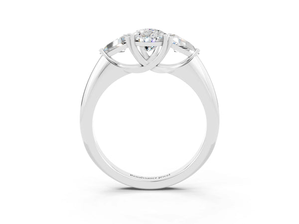 Silver Three-Stone Pear Cut Moissanite Engagement Ring with Trillion Side Stones and Prong Setting