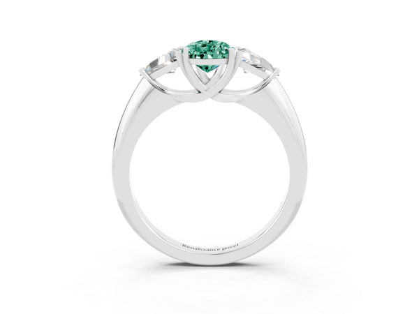 Silver Three-Stone Pear Cut Green Sapphire Engagement Ring with Trillion Side Stones and Prong Setting