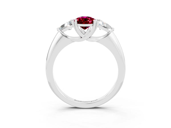 Platinum Three-Stone Pear Cut Garnet Engagement Ring with Trillion Side Stones and Prong Setting