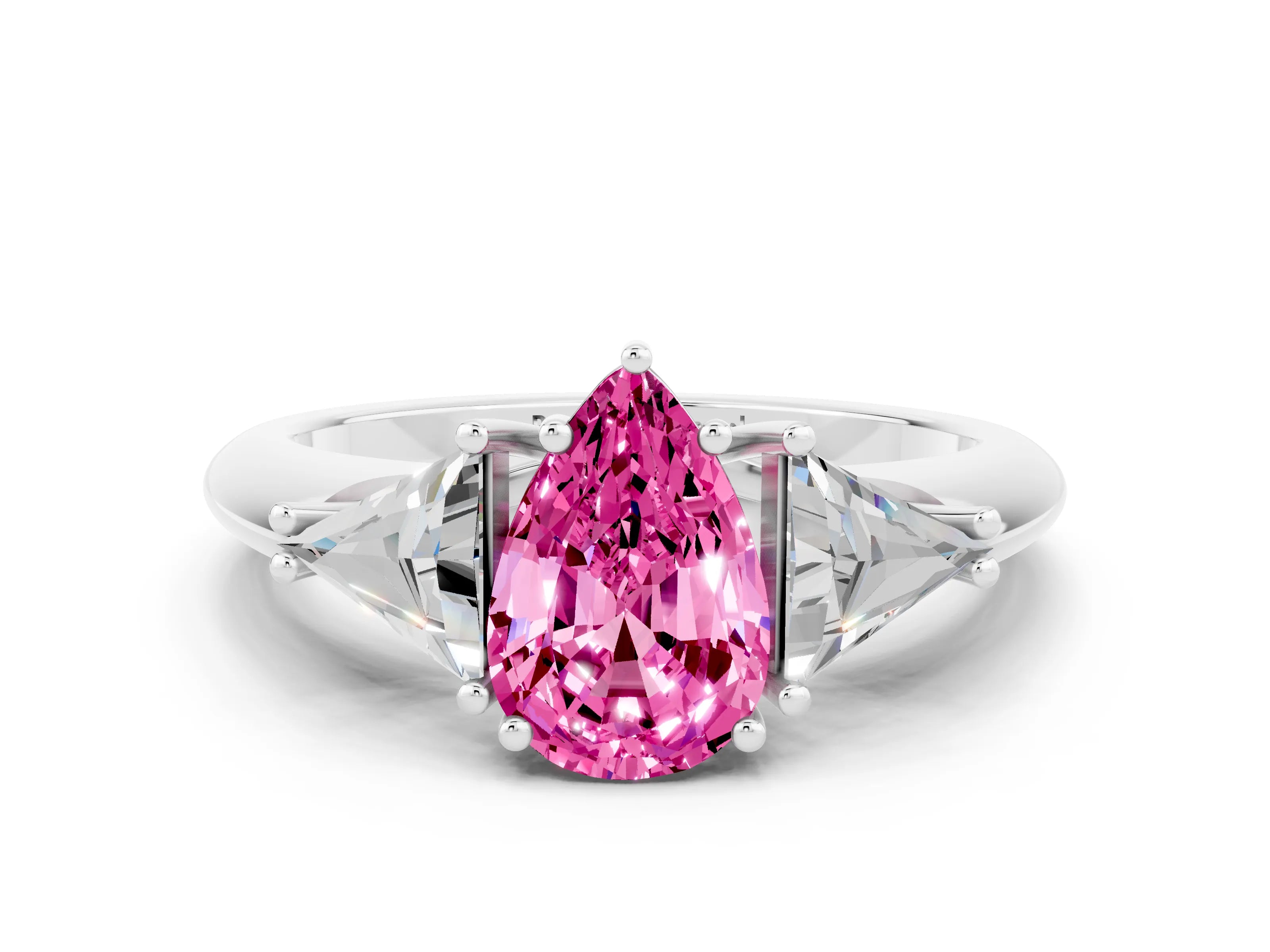 White gold Three-Stone Pear Cut Cut Diamond Ring with Trillion Side Stones and Four-Prong Setting