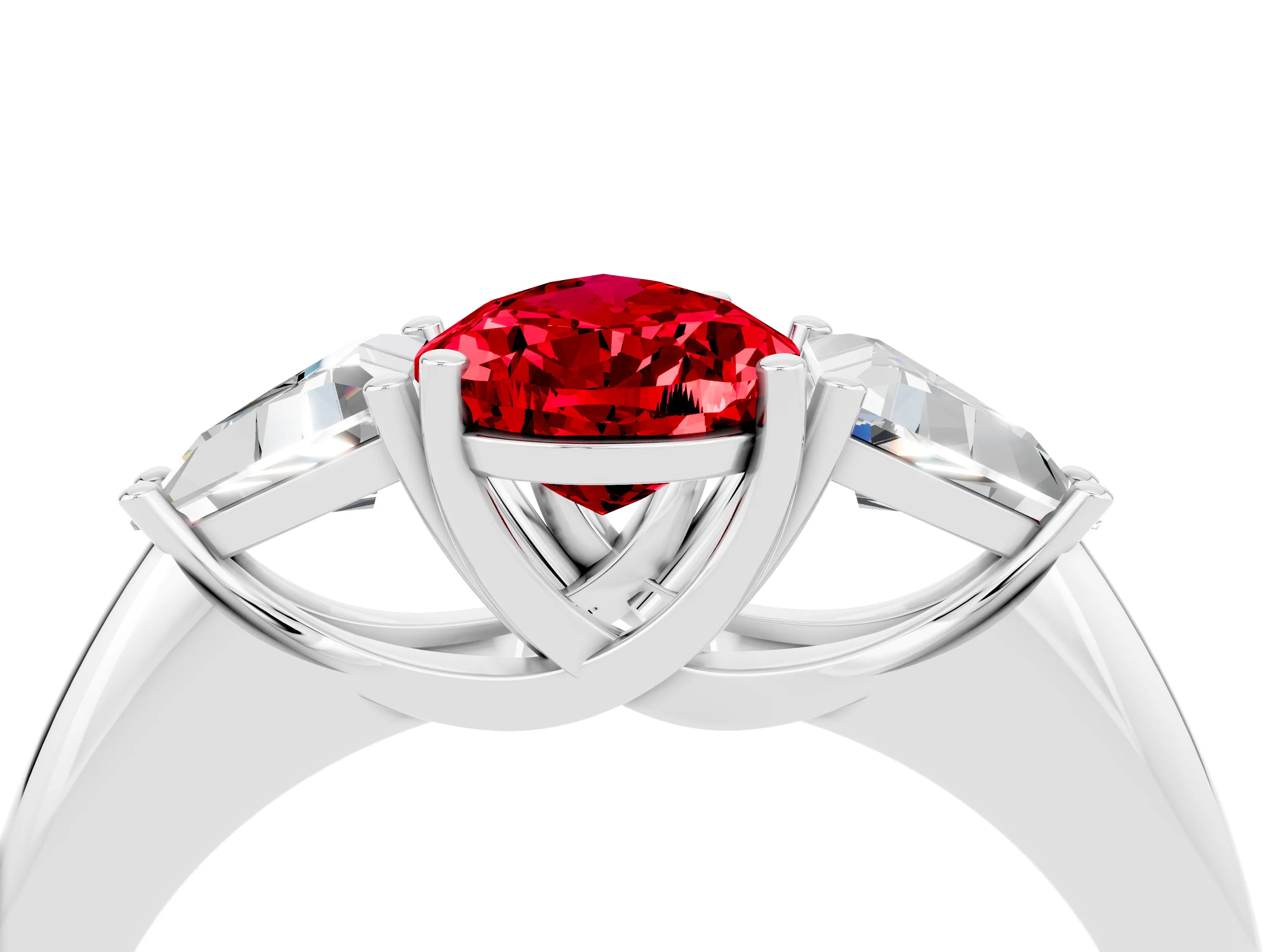 White gold Three-Stone Pear Cut Cut Diamond Ring with Trillion Side Stones and Four-Prong Setting_4