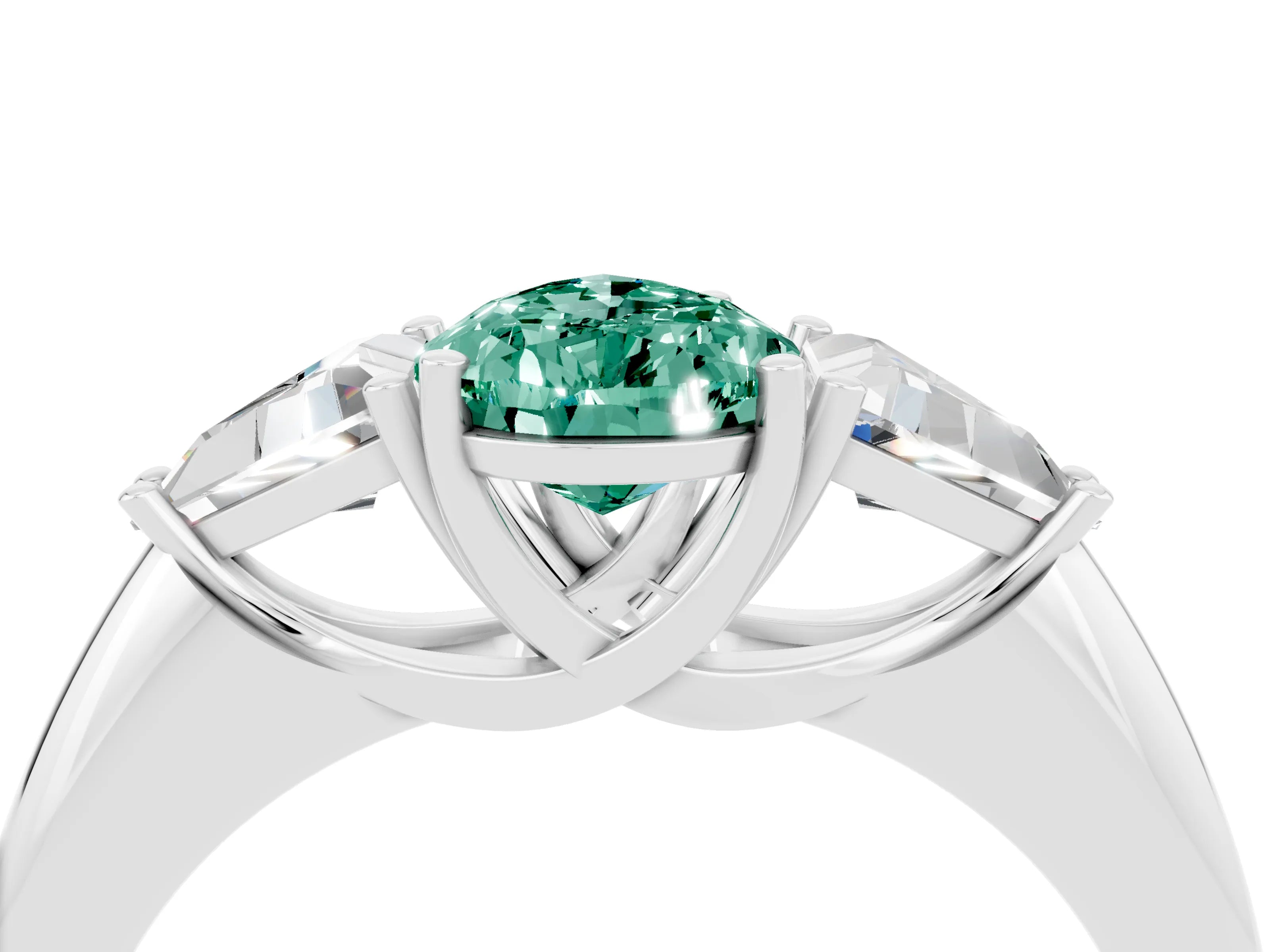White gold Three-Stone Pear Cut Cut Diamond Ring with Trillion Side Stones and Four-Prong Setting_4