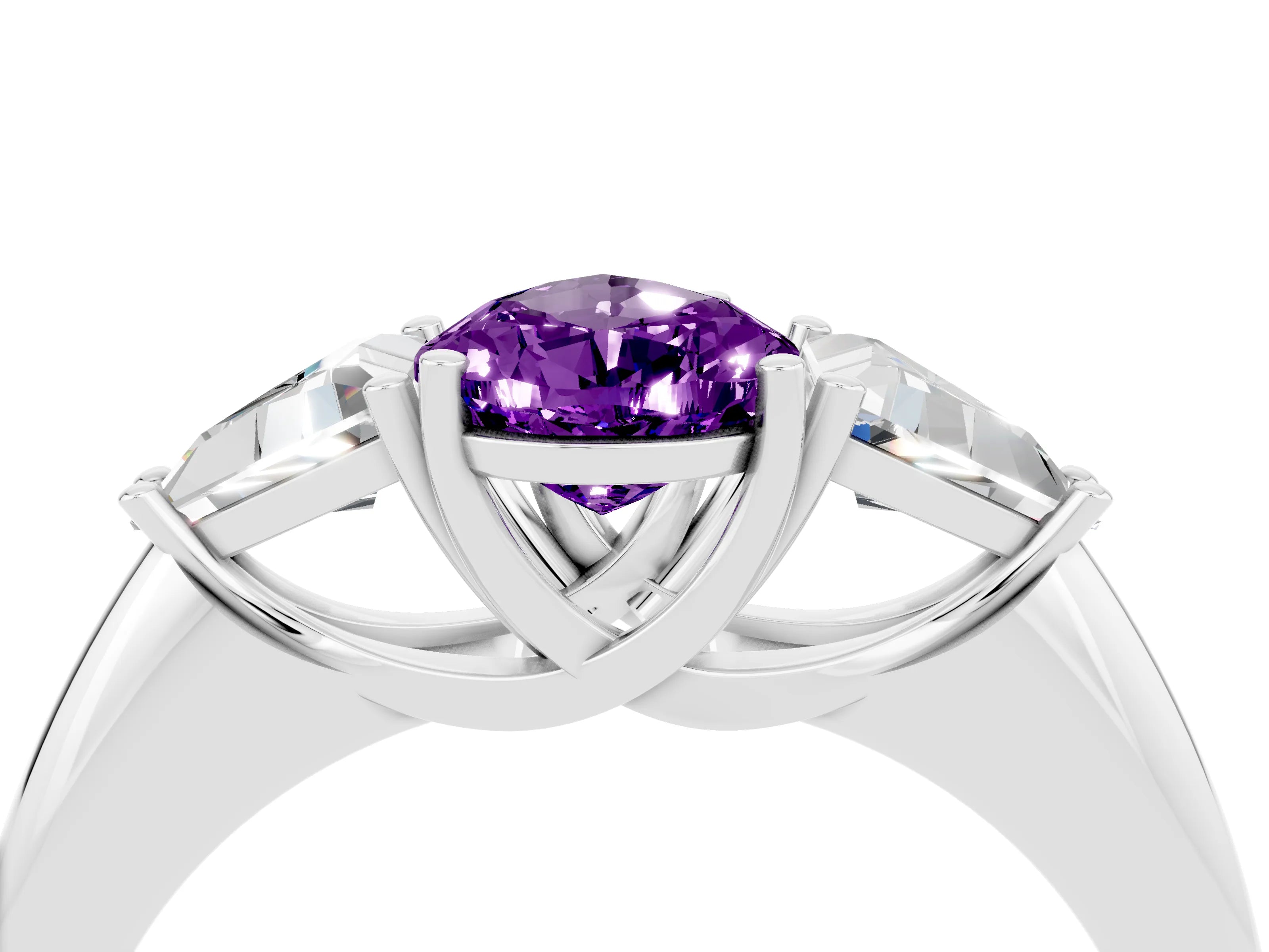 White gold Three-Stone Pear Cut Cut Diamond Ring with Trillion Side Stones and Four-Prong Setting_4
