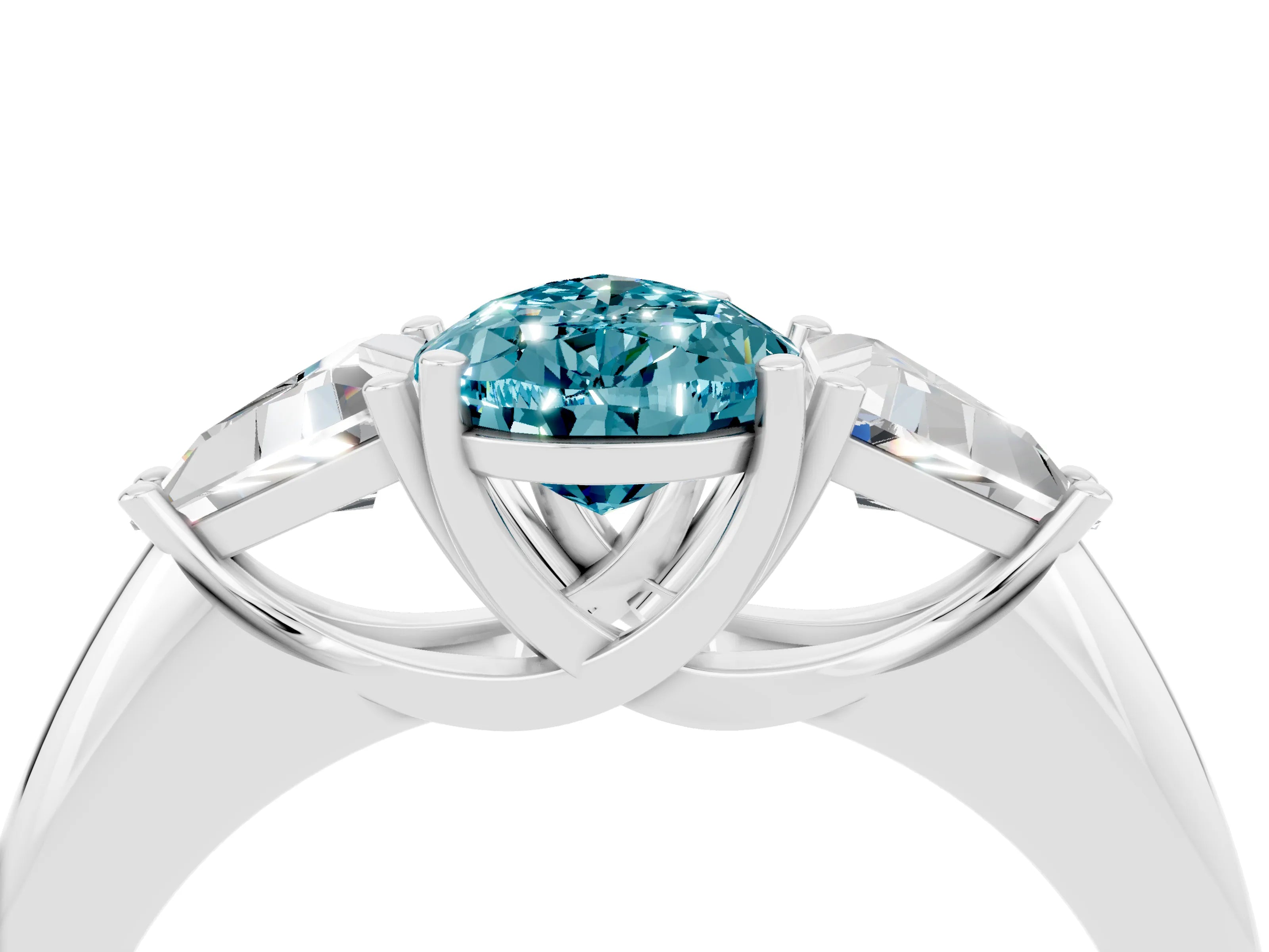 White gold Three-Stone Pear Cut Cut Diamond Ring with Trillion Side Stones and Four-Prong Setting_4