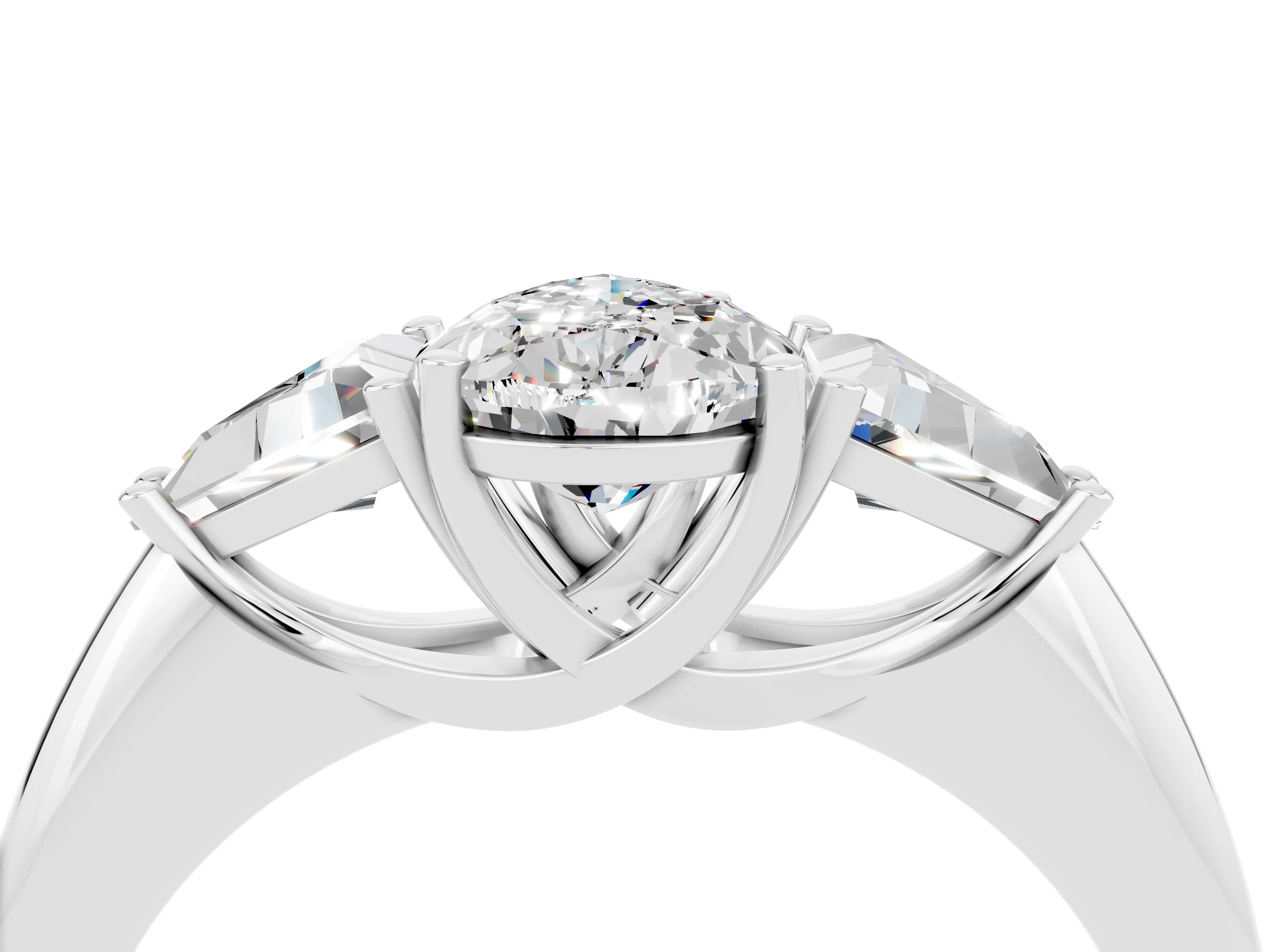 White gold Three-Stone Pear Cut Cut Diamond Ring with Trillion Side Stones and Four-Prong Setting_4