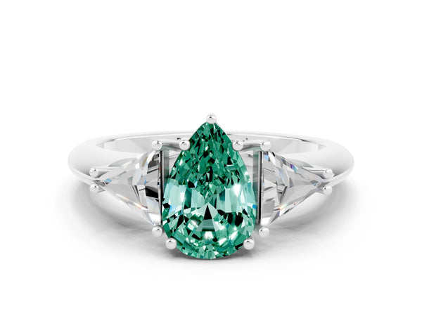 Platinum Three-Stone Pear Cut Green Sapphire Engagement Ring with Trillion Side Stones and Prong Setting