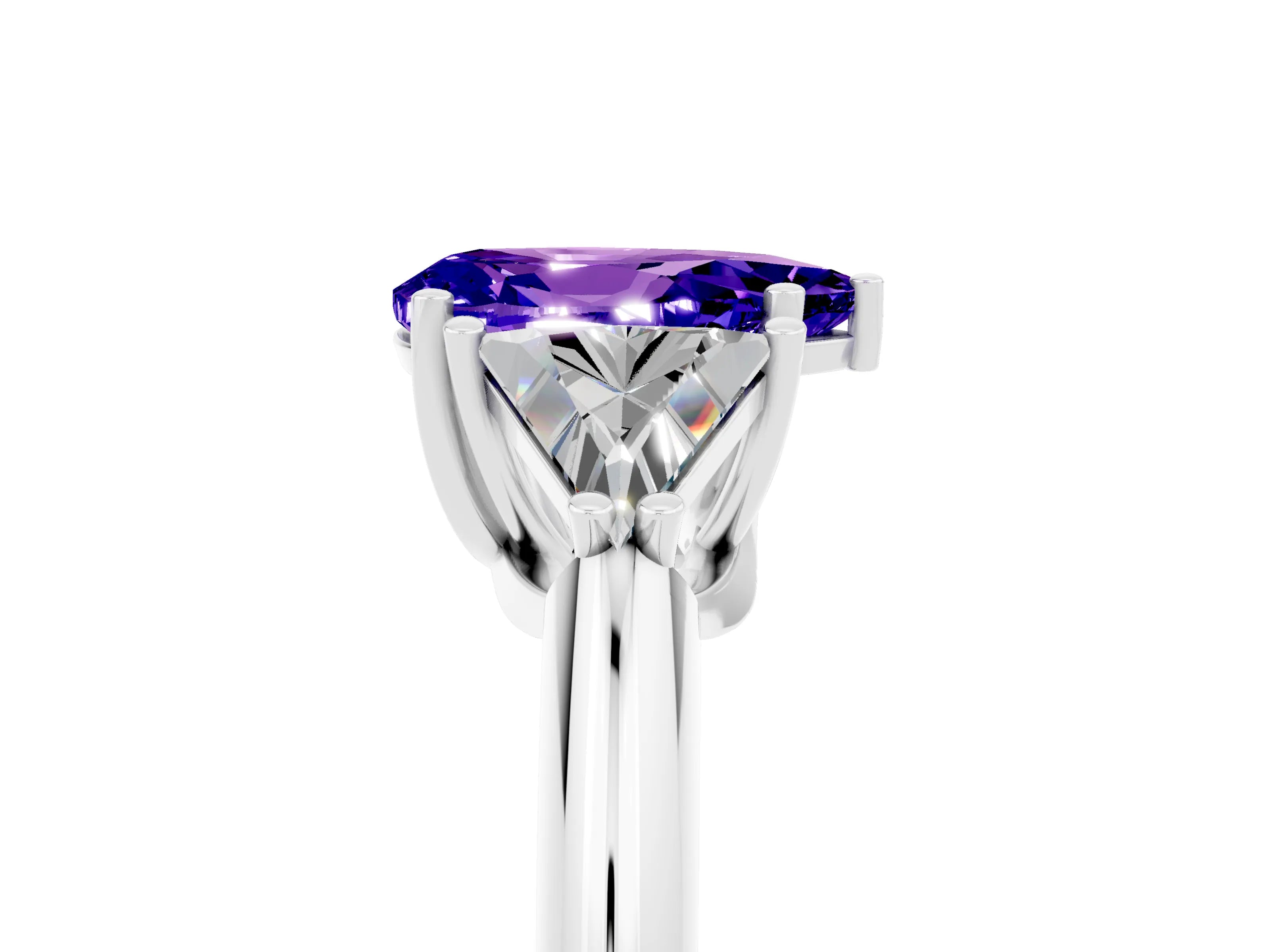 White gold Three-Stone Pear Cut Cut Diamond Ring with Trillion Side Stones and Four-Prong Setting_5