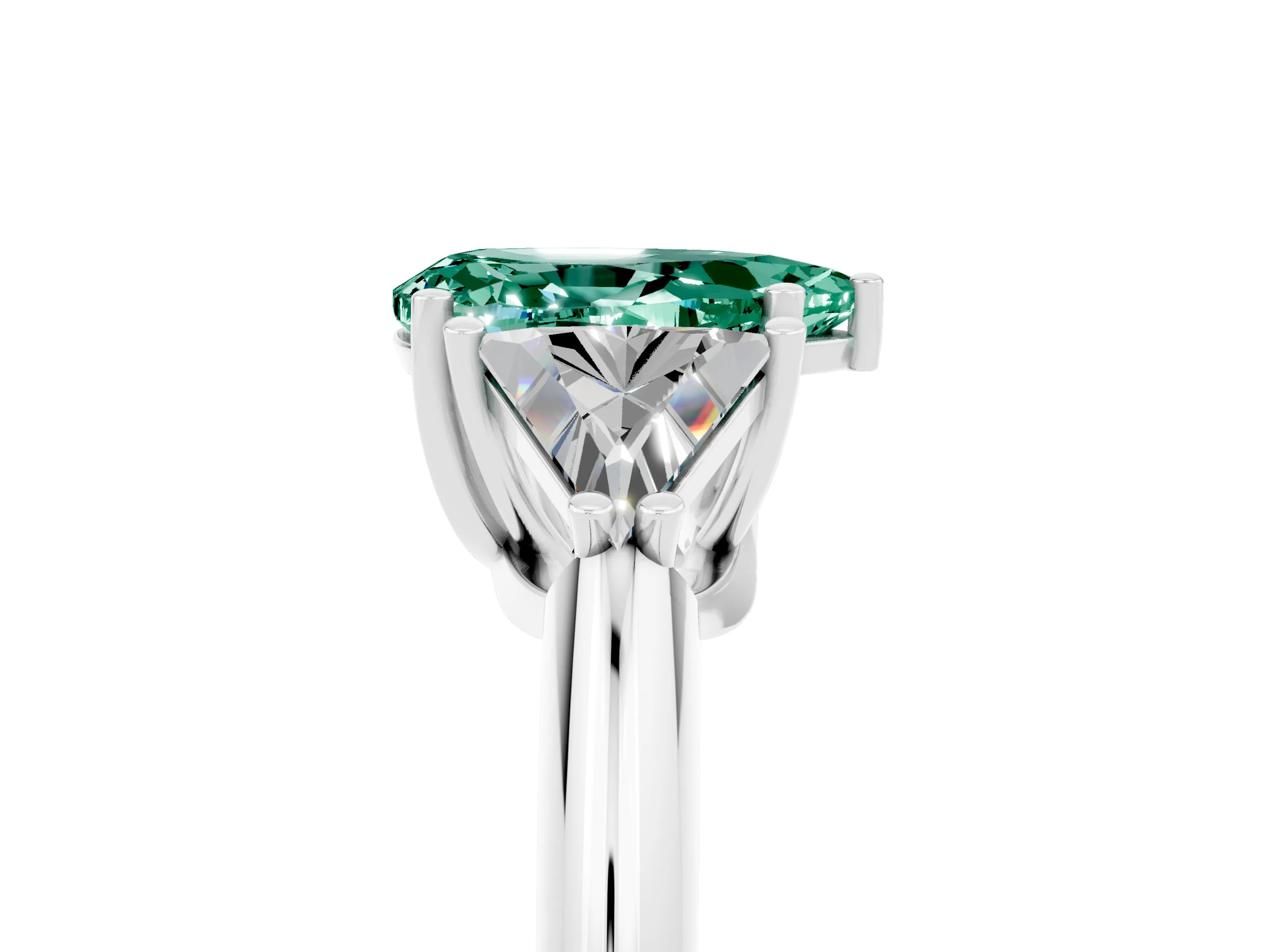 White gold Three-Stone Pear Cut Cut Diamond Ring with Trillion Side Stones and Four-Prong Setting_5