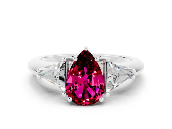 Platinum Three-Stone Pear Cut Garnet Engagement Ring with Trillion Side Stones and Prong Setting