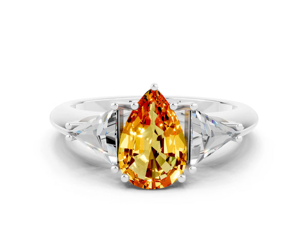 White gold Three-Stone Pear Cut Cut Diamond Ring with Trillion Side Stones and Four-Prong Setting