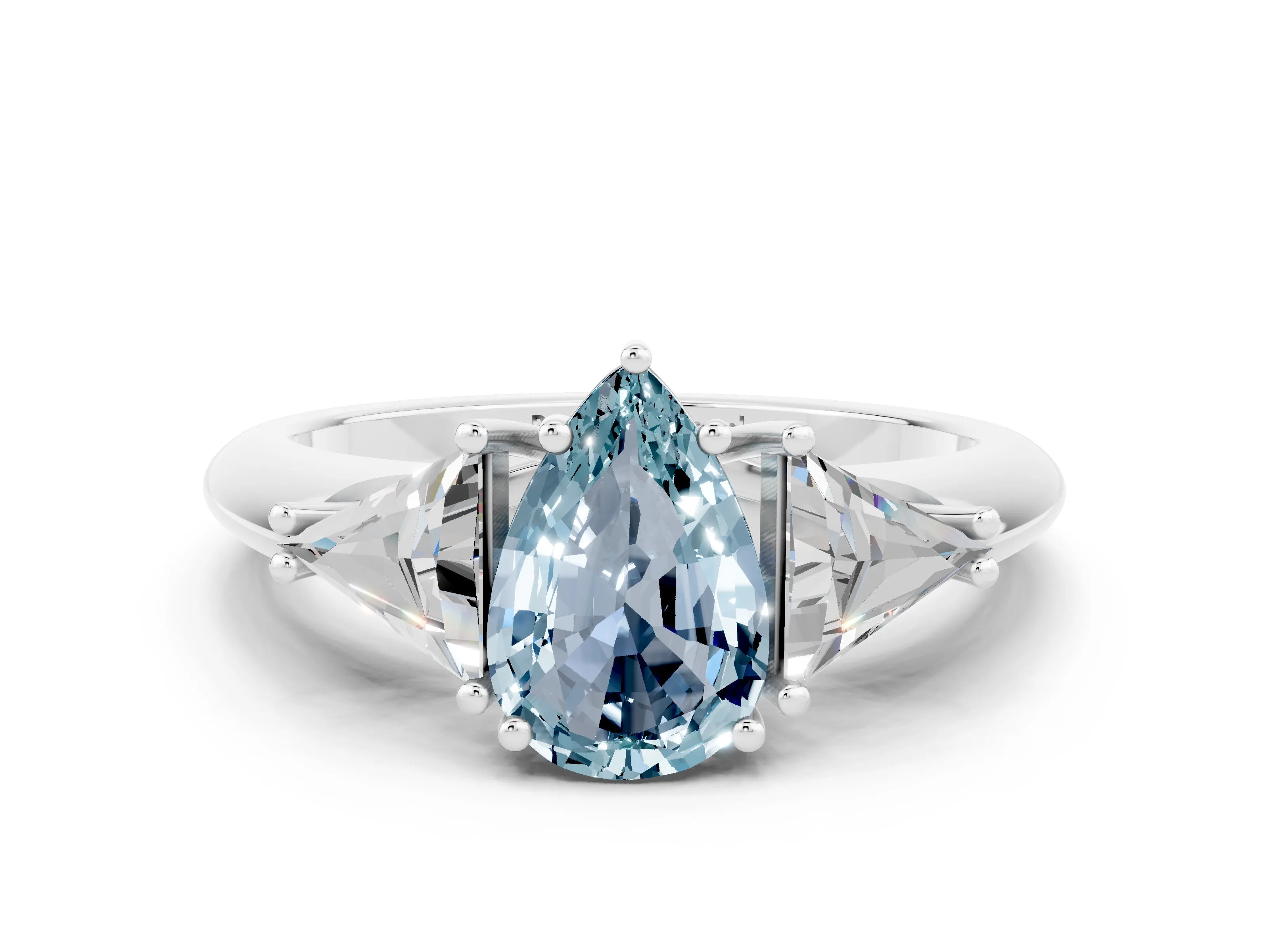 White gold Three-Stone Pear Cut Cut Diamond Ring with Trillion Side Stones and Four-Prong Setting