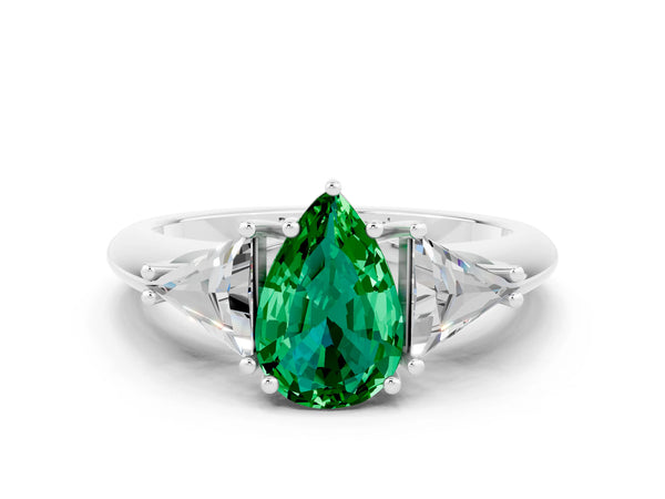 Platinum Three-Stone Pear Cut Emerald Engagement Ring with Trillion Side Stones and Prong Setting
