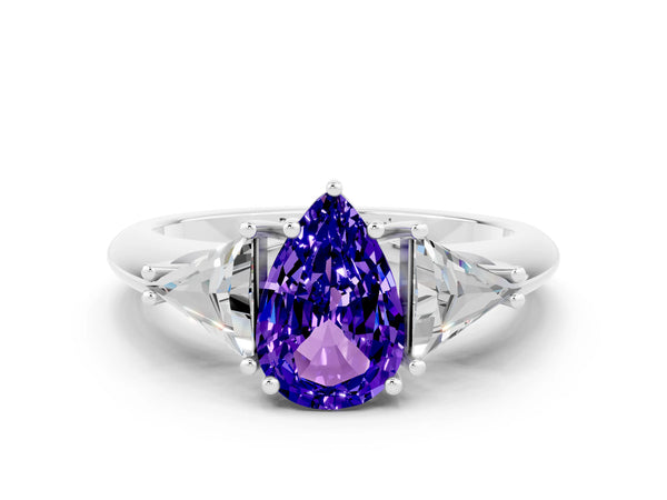 White gold Three-Stone Pear Cut Tanzanite Engagement Ring with Trillion Side Stones and Prong Setting