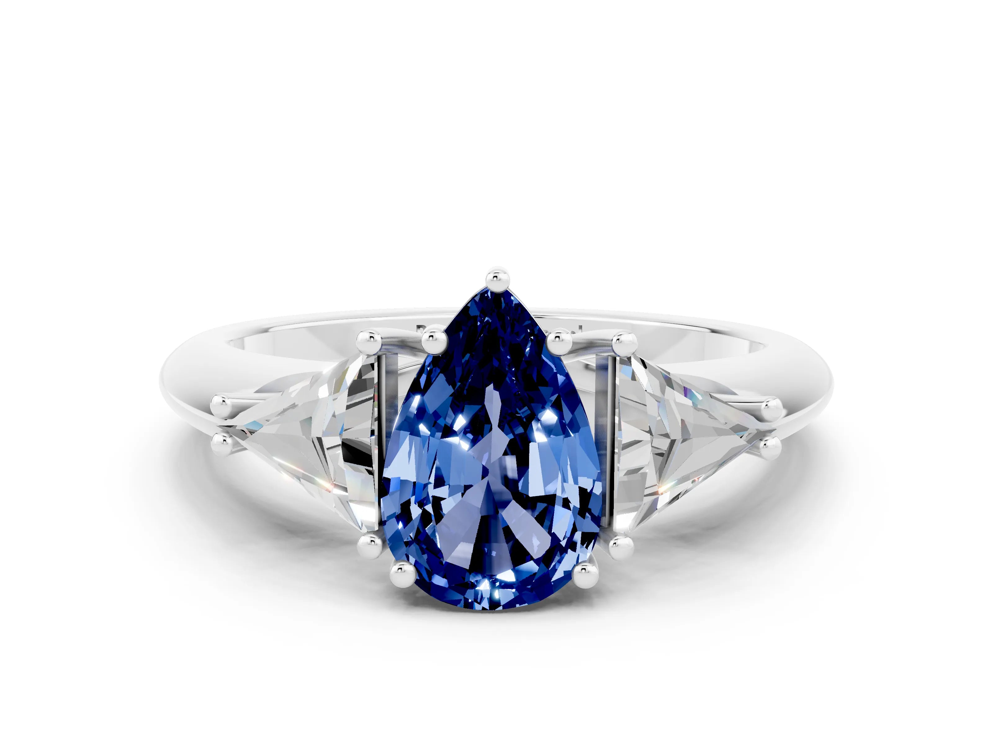 White gold Three-Stone Pear Cut Cut Diamond Ring with Trillion Side Stones and Four-Prong Setting