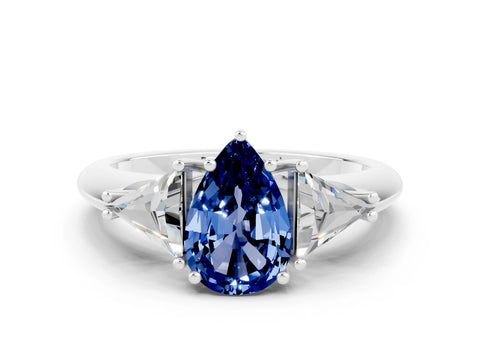 White gold Three-Stone Pear Cut Cut Diamond Ring with Trillion Side Stones and Four-Prong Setting