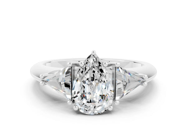 Platinum Three-Stone Pear Cut Moissanite Engagement Ring with Trillion Side Stones and Prong Setting