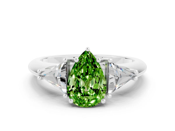 Platinum Three-Stone Pear Cut Cut Diamond Ring with Trillion Side Stones and Four-Prong Setting