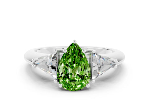 White gold Three-Stone Pear Cut Cut Diamond Ring with Trillion Side Stones and Four-Prong Setting
