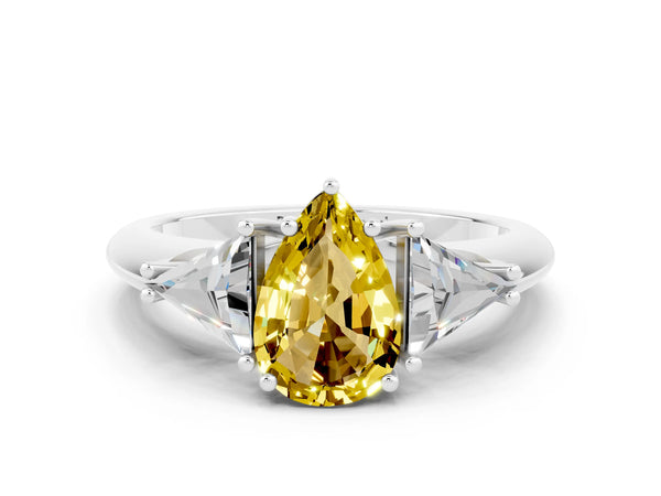 Platinum Three-Stone Pear Cut Yellow Sapphire Engagement Ring with Trillion Side Stones and Prong Setting