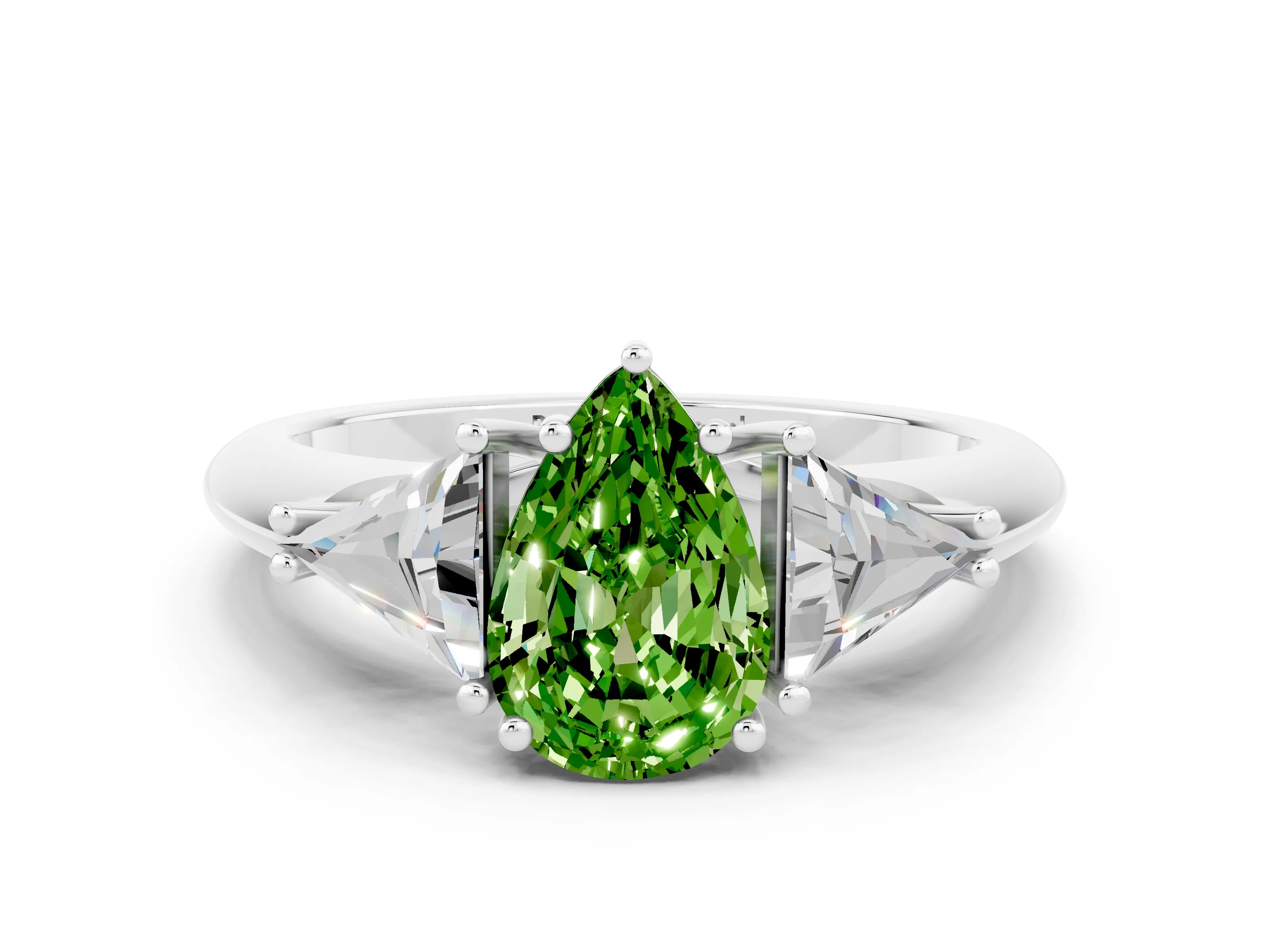 White gold Three-Stone Pear Cut Cut Diamond Ring with Trillion Side Stones and Four-Prong Setting