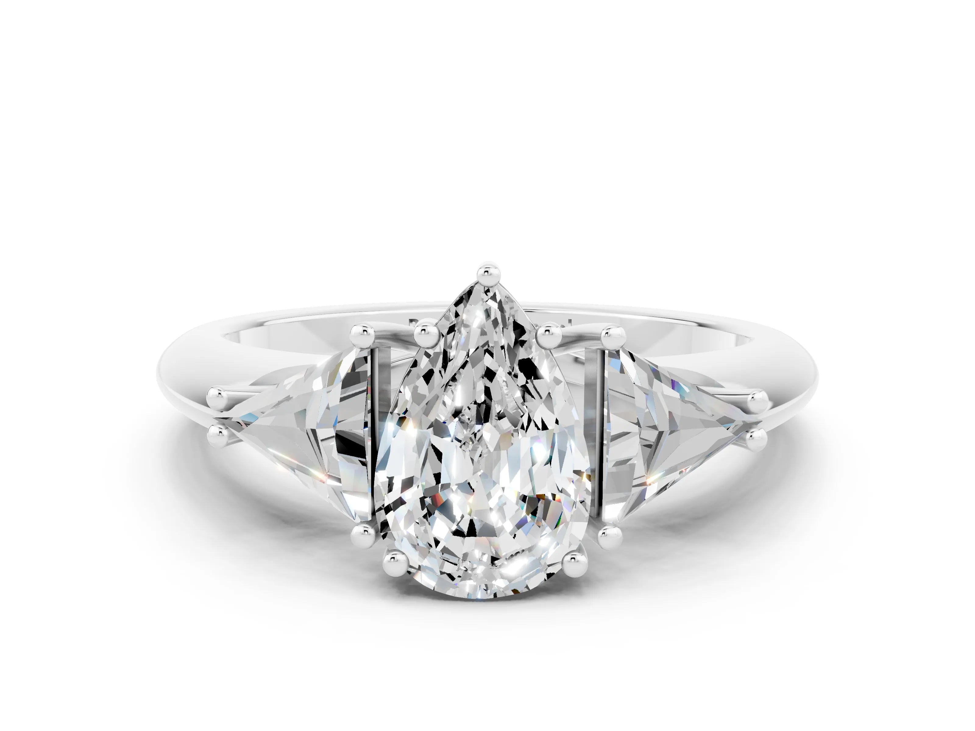 White gold Three-Stone Pear Cut Cut Diamond Ring with Trillion Side Stones and Four-Prong Setting