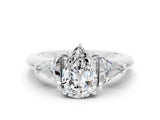 White gold Three-Stone Pear Cut Cut Diamond Ring with Trillion Side Stones and Four-Prong Setting