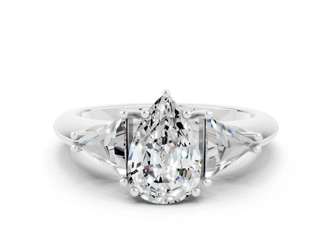 White gold Three-Stone Pear Cut Cut Diamond Ring with Trillion Side Stones and Four-Prong Setting