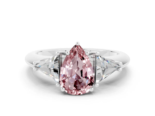 White gold Three-Stone Pear Cut Cut Diamond Ring with Trillion Side Stones and Four-Prong Setting