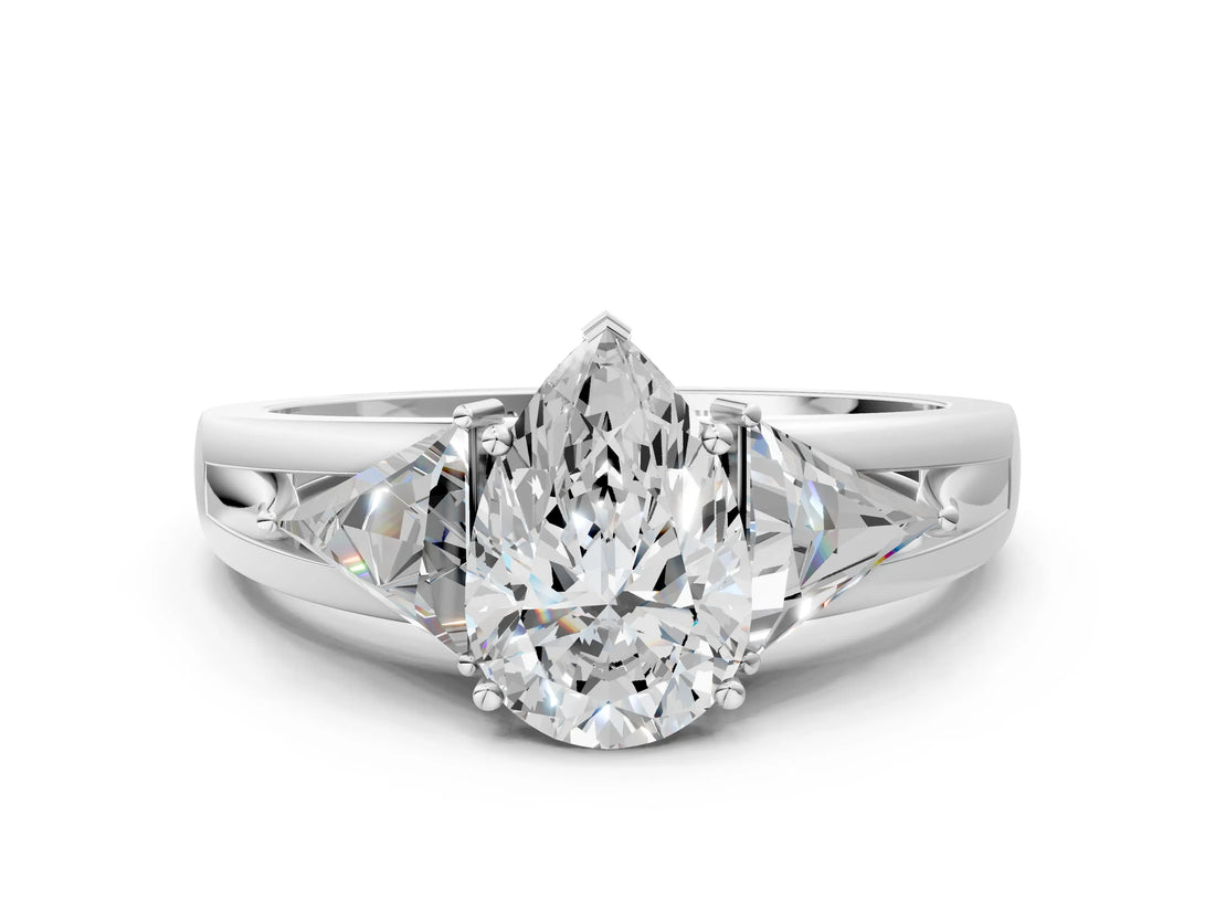 White gold Three-Stone Pear Cut Cut Diamond Ring with Trillion Side Stones on a Split Shank Band_191