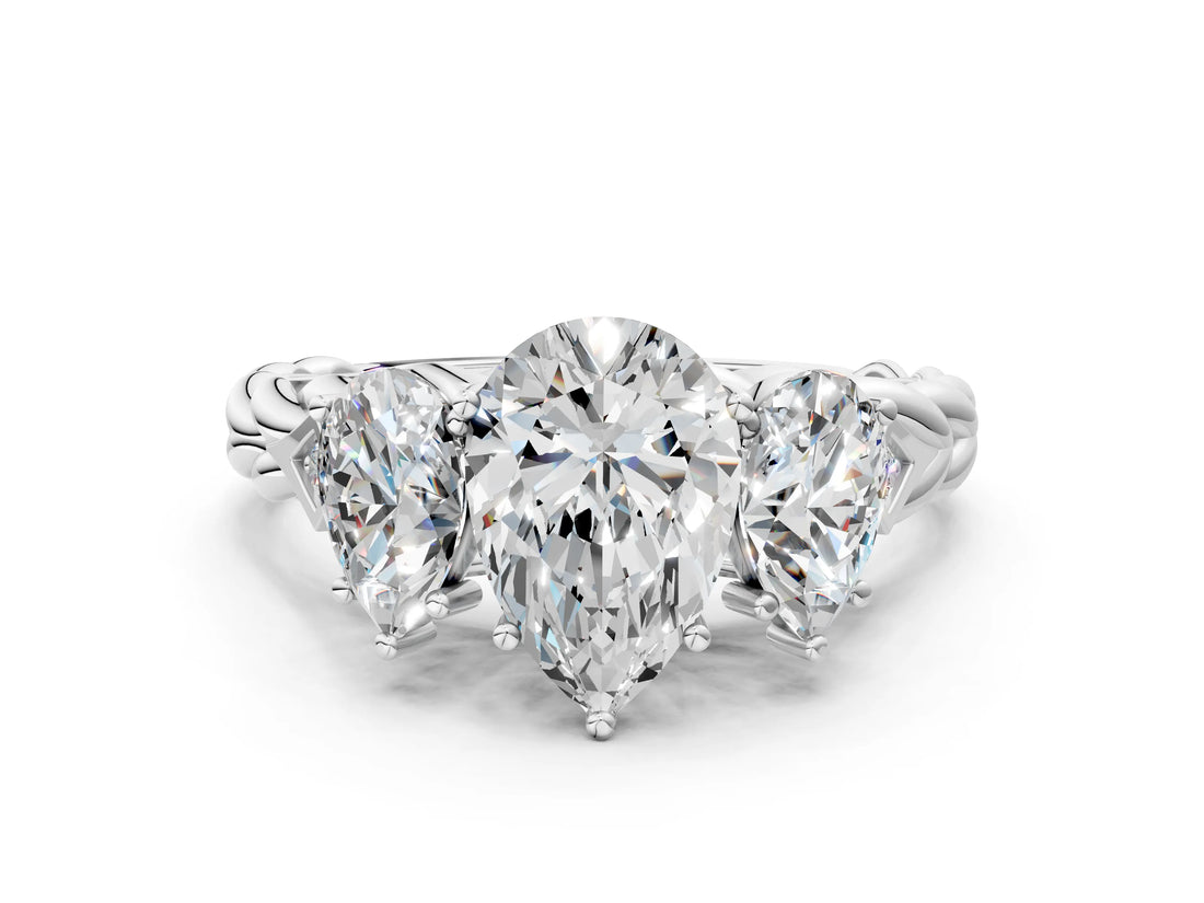 White gold Three-Stone Pear Cut Diamond Braided Band Ring with Four-Prong Setting_51
