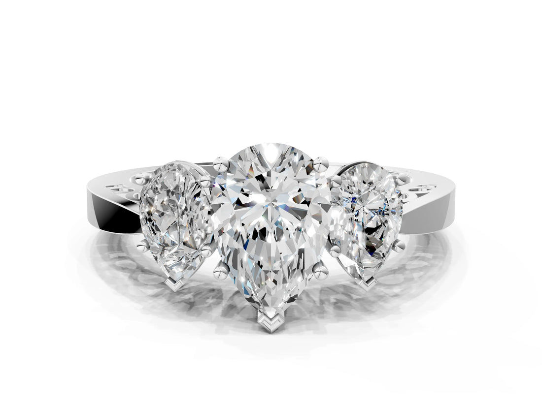 White gold Three-Stone Pear Cut Diamond Cathedral Engagement Ring with Prong Setting_6