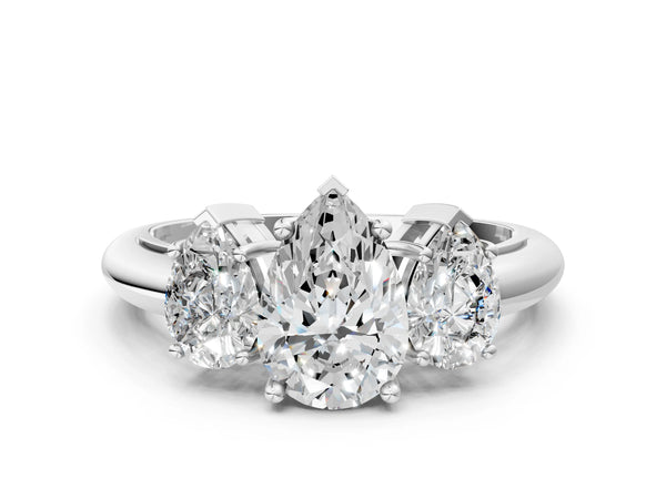 White gold Three-Stone Pear Cut Diamond Engagement Ring with Prong Setting on a White Gold Band