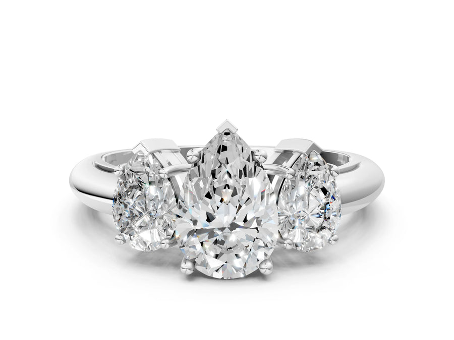 White gold Three-Stone Pear Cut Diamond Engagement Ring with Prong Setting on a White Gold Band