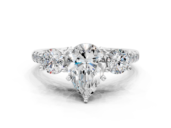 Platinum Pear-Shaped Three Stone Engagement Ring Setting with Round Side Stones and Pave Shoulders