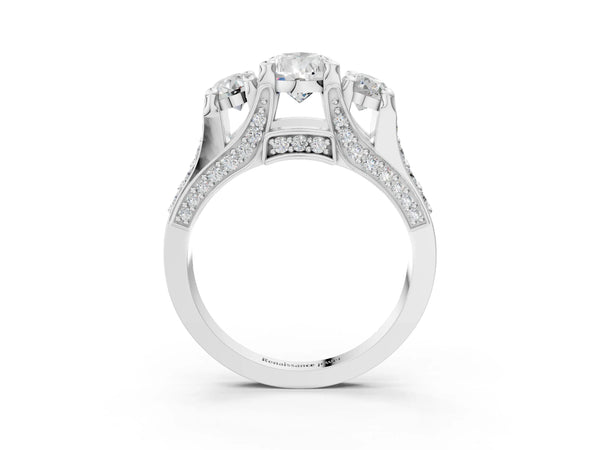 Platinum Pear-Shaped Three Stone Pave Engagement Ring Setting with Near-Equal Side Stones