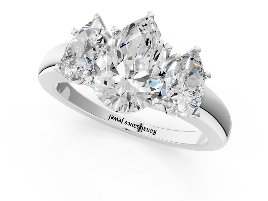 White gold Pear Cut Diamond Three-Stone Ring with Four-Prong Setting and Classic Band