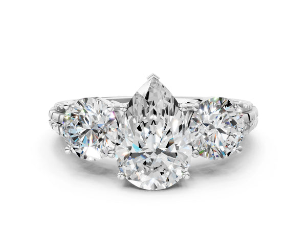 Platinum Pear-Shaped Three-Stone Engagement Ring Setting with Engraved Notched Band