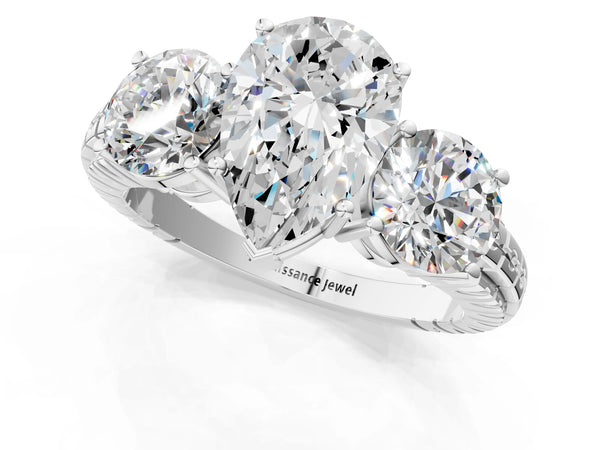 Platinum Pear-Shaped Three-Stone Engagement Ring Setting with Engraved Notched Band