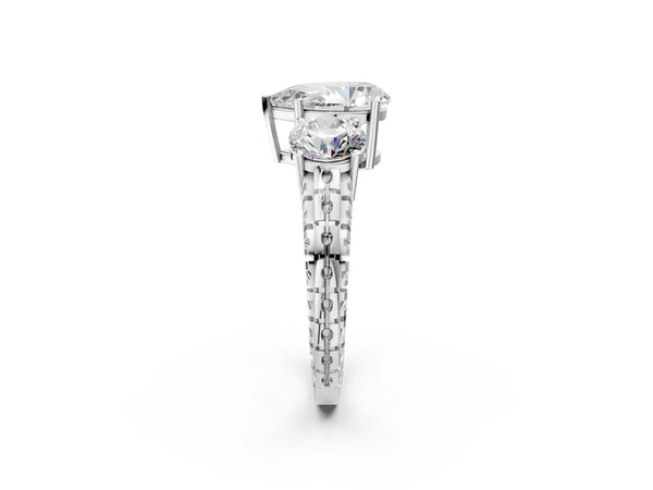 Platinum Pear-Shaped Three-Stone Engagement Ring Setting with Engraved Notched Band