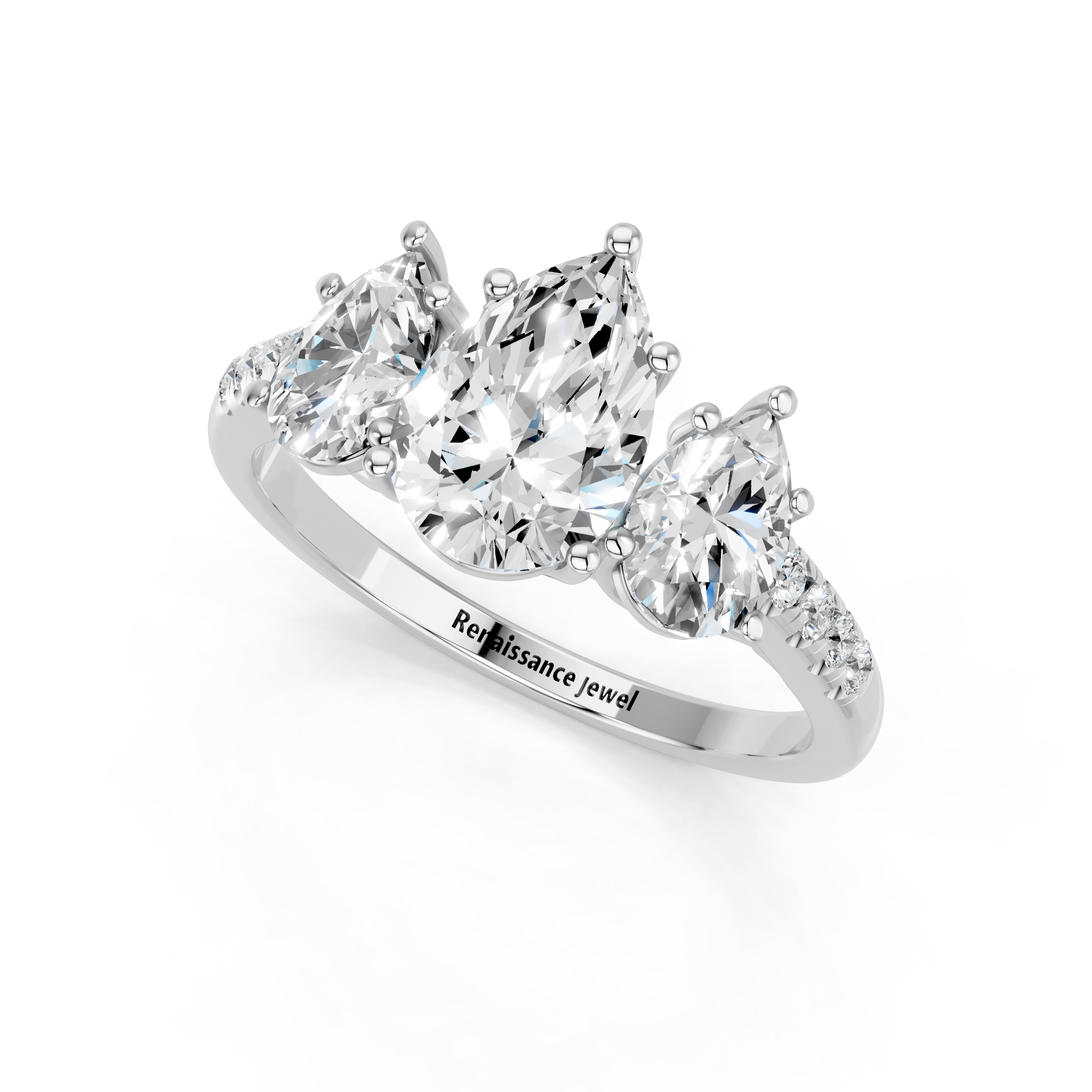 White gold Three-Stone Pear Cut Diamond Ring with Pavé Band and Prong Setting_11