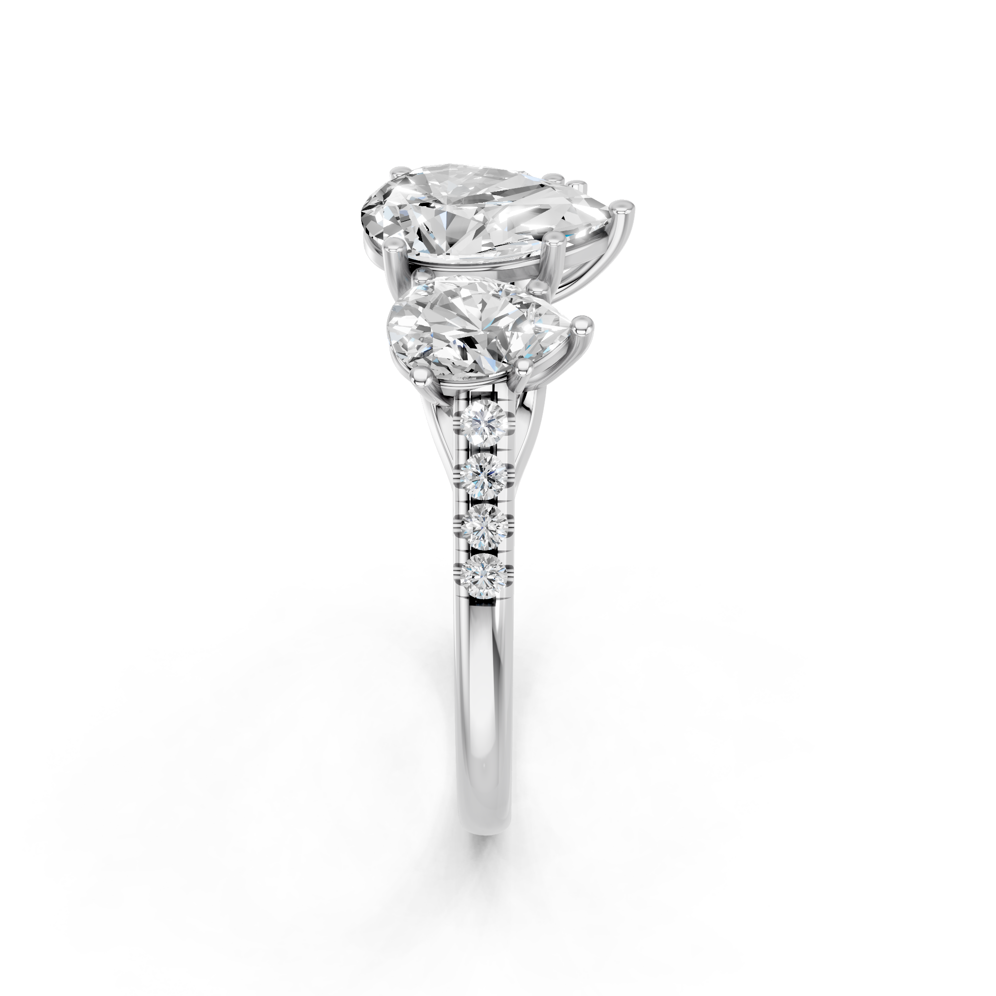 White gold Three-Stone Pear Cut Diamond Ring with Pavé Band and Prong Setting_12
