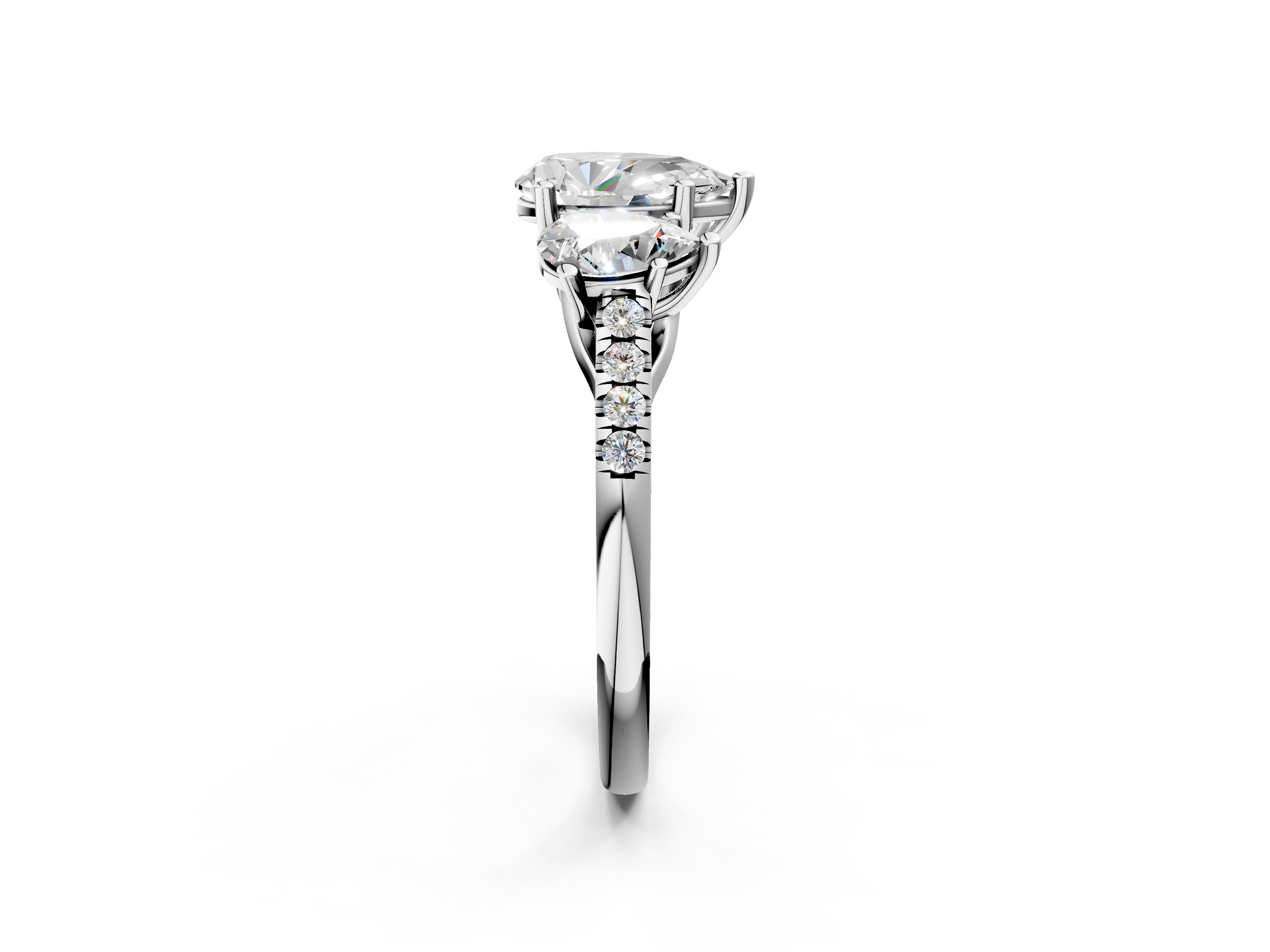 White gold Three-Stone Pear Cut Diamond Ring with Pavé Band and Prong Setting_65