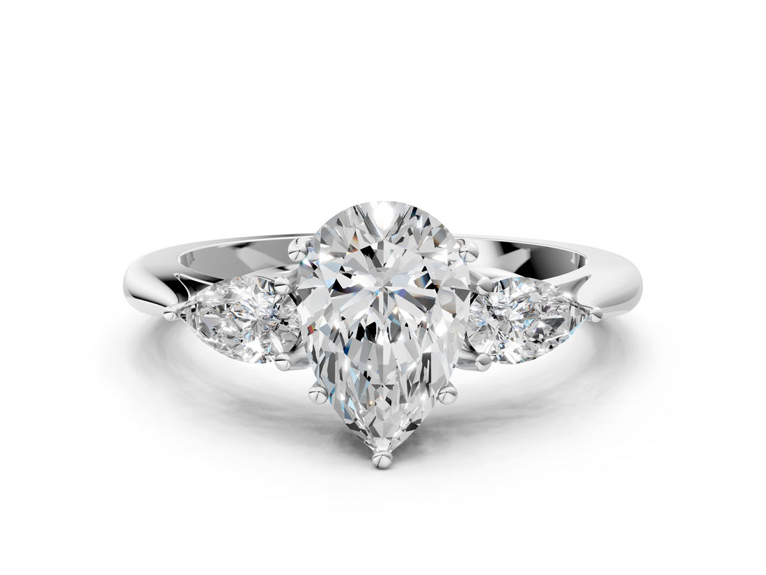 White gold Three-Stone Pear Cut Diamond Ring with Pear Side Stones in Four-Prong Setting_144