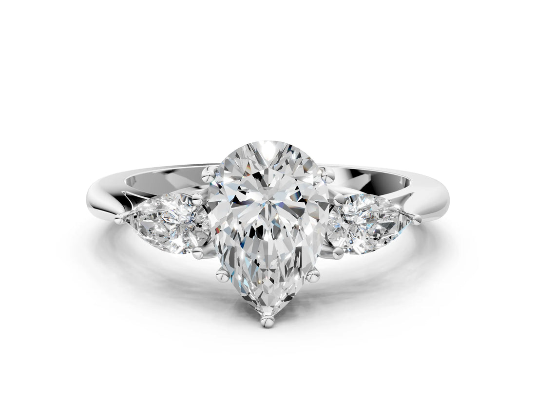 White gold Three-Stone Pear Cut Diamond Ring with Pear  Side Stones in Four-Prong Setting_16