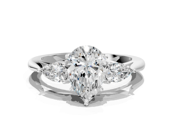 White Gold Pear-Shaped Three Stone Engagement Ring Setting with Pear Side Stones and Thin Band