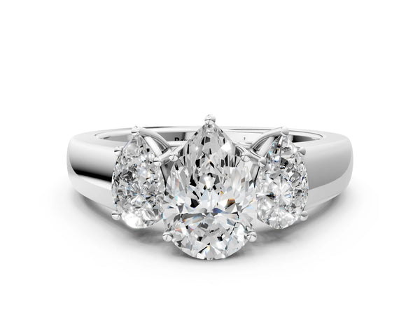 White gold Three-Stone Pear Cut Diamond Ring with Prong Setting and Classic Band