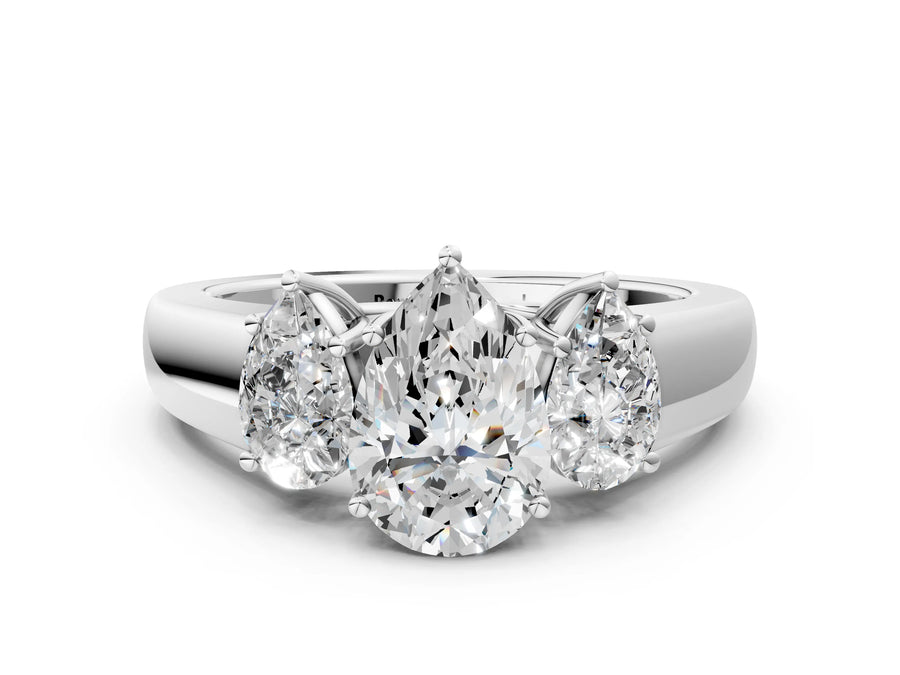White gold Three-Stone Pear Cut Diamond Ring with Prong Setting and Classic Band