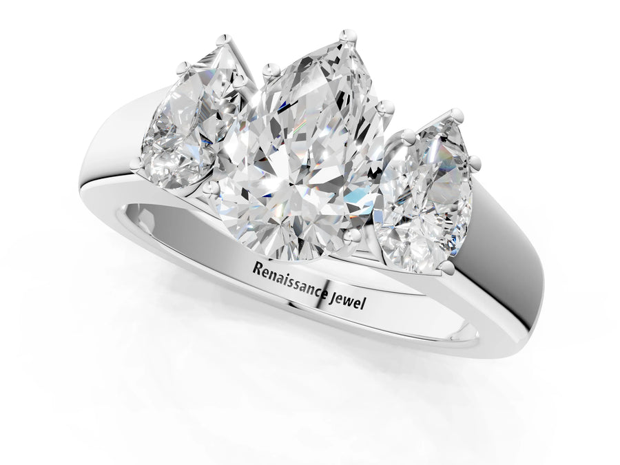 White gold Three-Stone Pear Cut Diamond Ring with Prong Setting and Classic Band