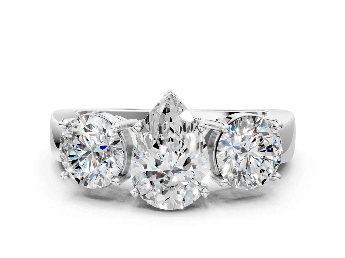 White gold Three-Stone Pear Cut Diamond Ring with Round Side Stones, Classic Band, and Four-Prong Setting_7